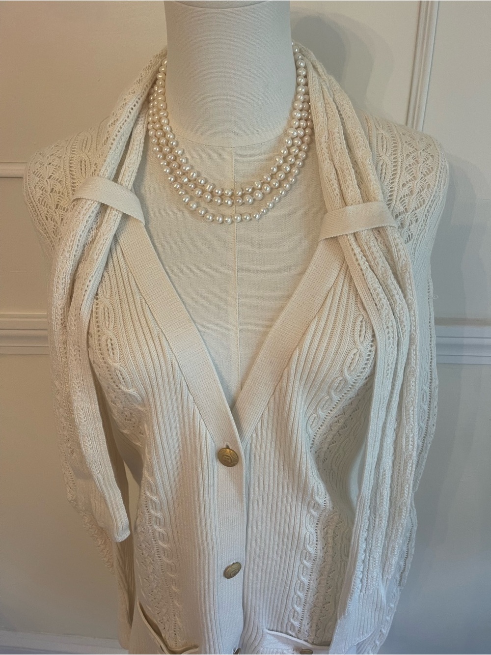 Etcetera Cream Cable-Textured Long Cardigan with Gold Buttons
